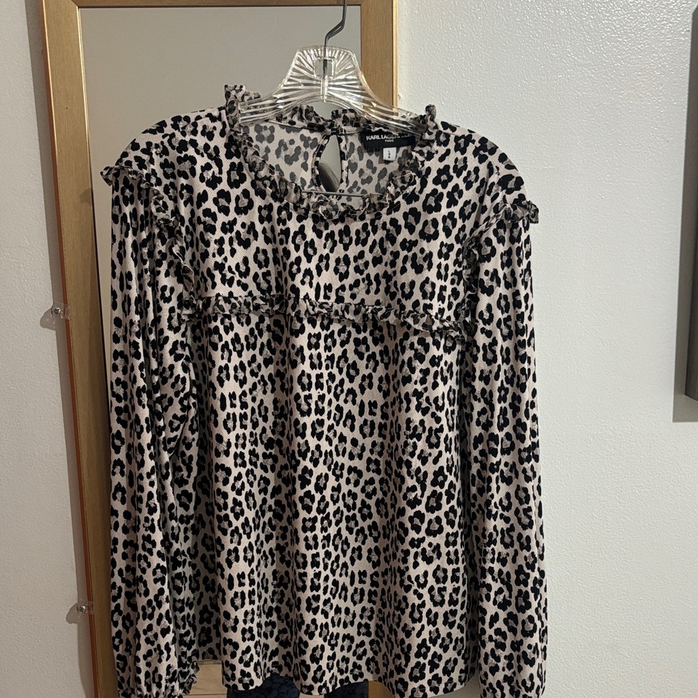 Karl Lagerfeld Beige and Black Leopard Ruffle Yoke Long Sleeve Top